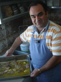 Yiannis cooking at the Aphrodite Taverna, Vatera, Lesvos